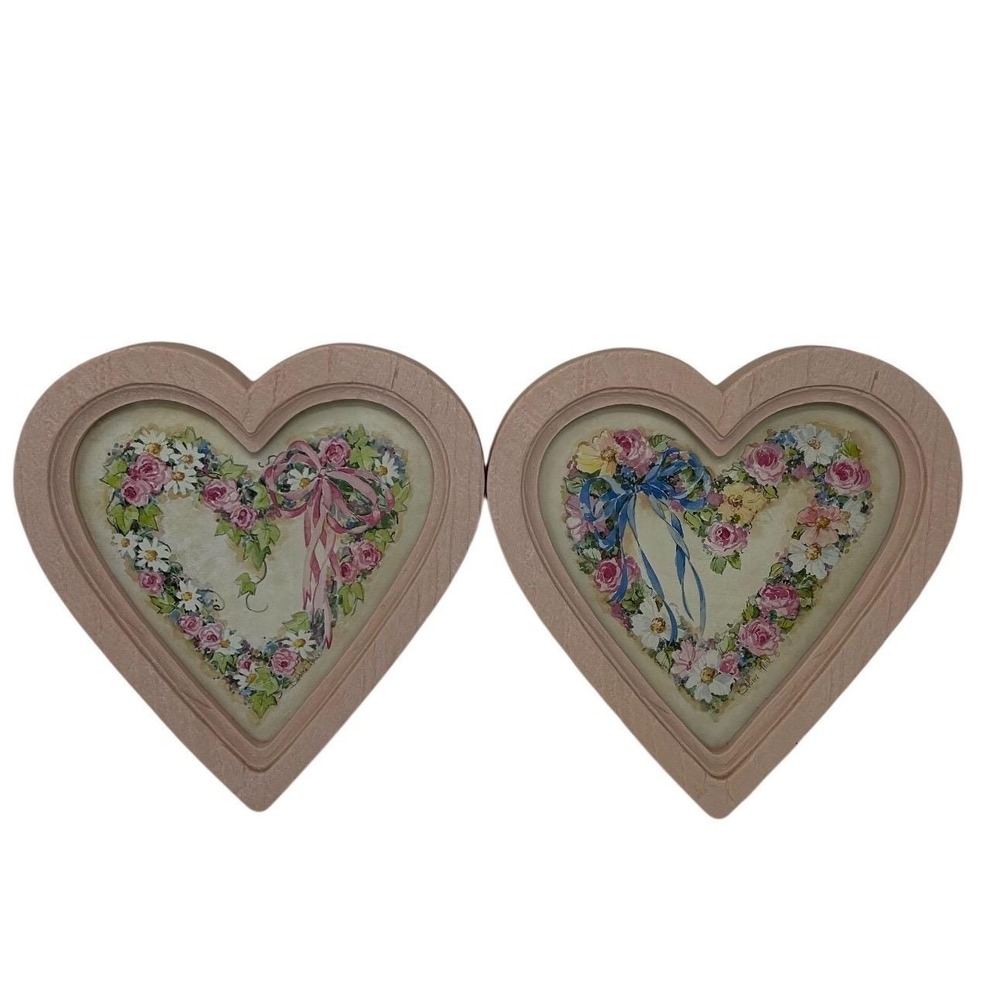Vintage Homco Heart Floral Wall Plaques Cottage Granny Mauve Pink Blue Bows 1987